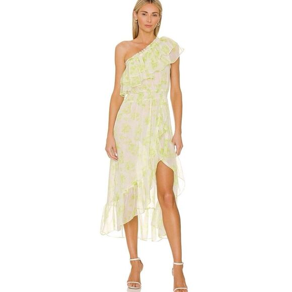 MISA LOS ANGELES Rumi One Shoulder Midi Dress Green White Honeydew Blossom Small MISA LOS ANGELES Rumi One Shoulder Midi Dress Green White Honeydew Blossom Small